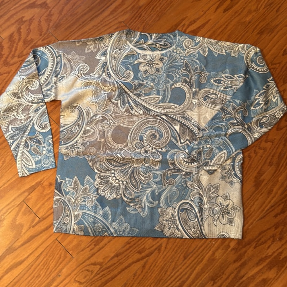 Blue Gray Paisley Statement Sweater Crewneck Allover Print - Picture 9 of 16
